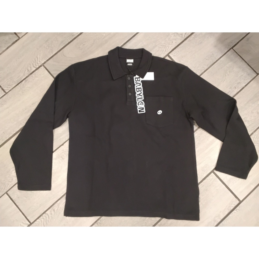 Babylon LA Mens Long Sleeve Ribbed Polo Shirt Black Large NWT M5BP37K4540